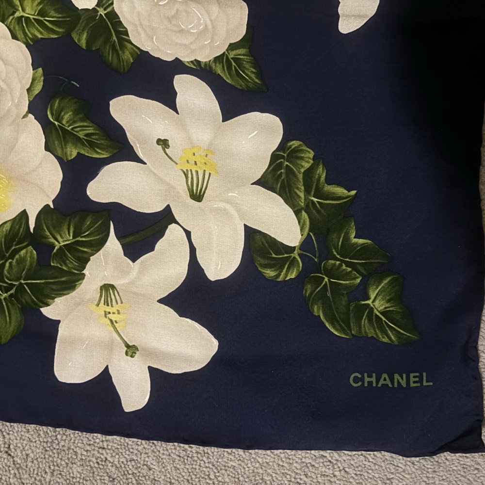 Authentic CHANEL Navy and White Floral Silk Scarf